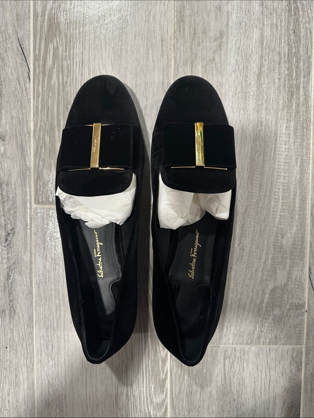 Salvatore Ferragamo Black Velvet Vara Loafers with Gold Heel worn 3 times